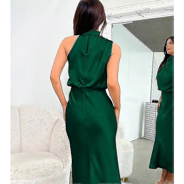 Sommerkjole i sateng for kvinner, uten ermer, plissert og lang Dark green M
