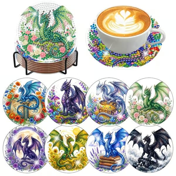 igoodom 8 stk. Dragon Diamond Art Coasters Sæt med holder, Diamond Coaster 8 Pcs Coaster(10cm Dia) MB636
