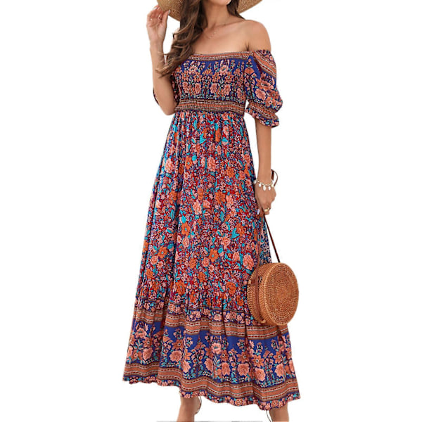 Dame Trykket Maxikjole Kort Pufferme Elastisk Rynket Byste Off Shoulder Lang Kjole Rød Base XL
