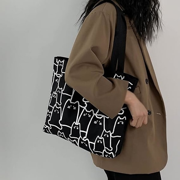 Katt Canvas Tote Bag, tote bag med dragkedja, canvasväska, bomull återanvändbar shoppingväska med ficka, söta katt tote strandväskor estetiska