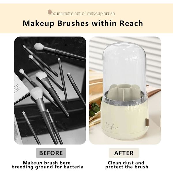 Makeup børsteholder organizer med låg 360 roterende støvtæt makeup børste organizer kosmetik opbevaring til forfængelighed og badeværelse Butter Yellow