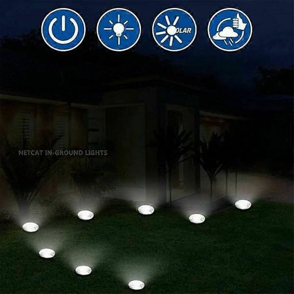 Sæt med 6 forsænkede solcelle LED-spotlights - Runde - Diameter: 85 mm - Holdbar udvendig til base - Front i rustfrit stål - 6 solcellelamper - IP