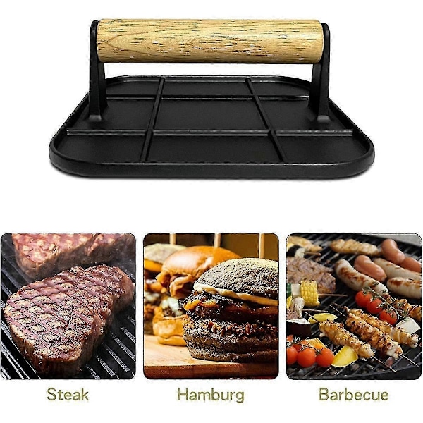 Kødpresse med træhåndtag 15 cm firkantet burgerpresse aluminium hamburger smasher værktøj til grill og stegeplade madlavning