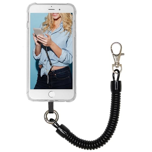 Mobiltelefon sikkerhedsrem / spiralrem med karabinhage Sort