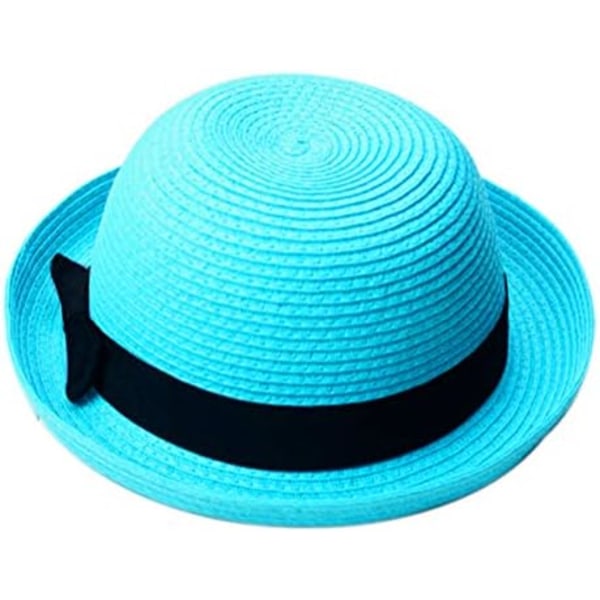 Halmhatter, 1 stk Halm Sommer Solhatt Sommer Mote Dame Bowler Hat Strand Solhatt for Kvinner Sommer Strand (Sky- Blå)