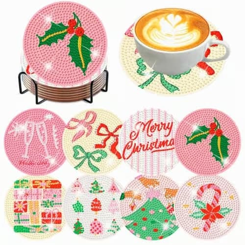 igoodom 8 stk. jule-diamond art coaster-sæt med holder 8 Pcs Coaster(10cm Dia) MB628