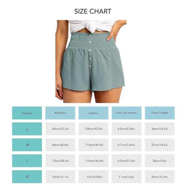 Högmidjade shorts med elastisk detalj, knapp, mjuka, ventilerande strandshorts för kvinnor flickor semester himmelsblå M