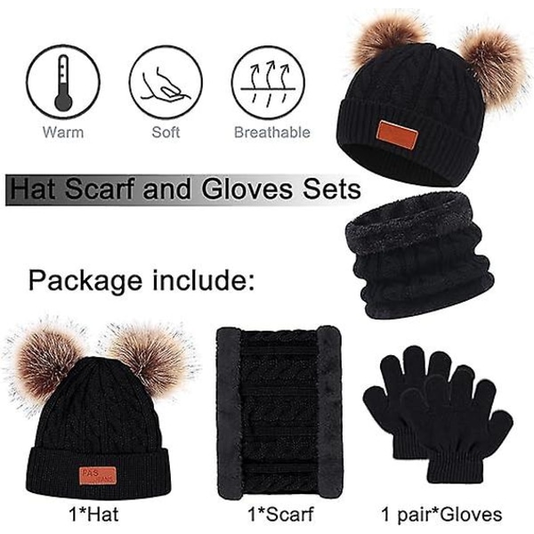 Varm halsduk och handskar Set för barn(nior), barn vinterstickad halsvärmare baby mössa, set 3 delar set 1-6 år