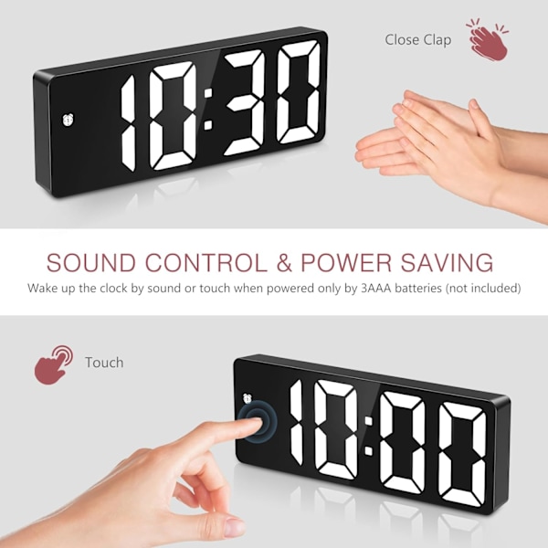 Digital väckarklocka, sängbordsväckarklocka med röst- och beröringsaktivering, batteridriven/USB-driven digitalklocka med stor LED-display, snooze-funktion