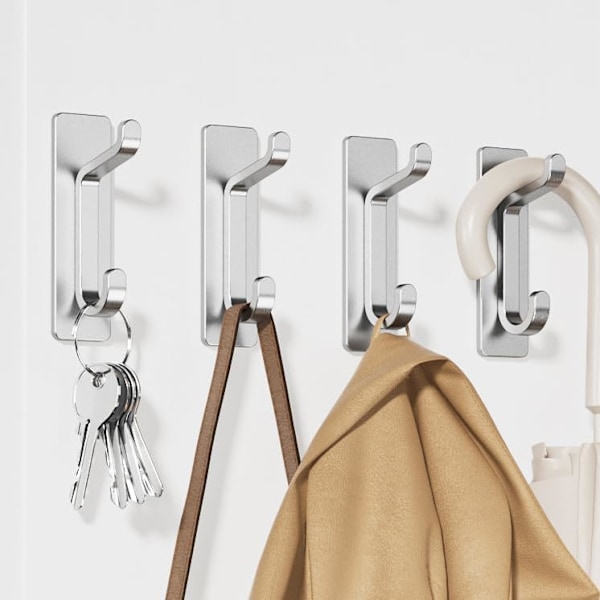 Super Sticky Rustfritt Stål Selvklebende Klær og Håndklekrok Nøkkelhette Veggmontert Flyttbar Klesheng Baderom Kjøkken Gang Dør Silver 4 Pack