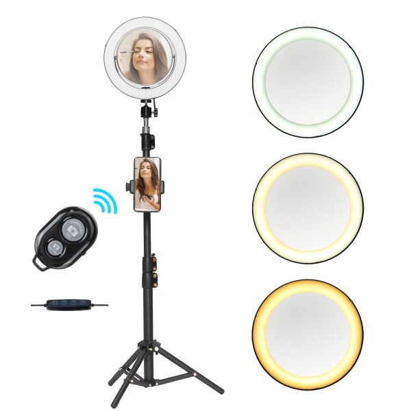 Ring Light Selfie Lampe LED med speil + fjernkontrollstativ Svart