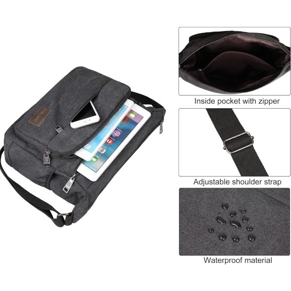 Vattentät budväska axelväska 13 tum multi canvas crossbody väska för män casual lätt utomhus fiskeväska camping Black