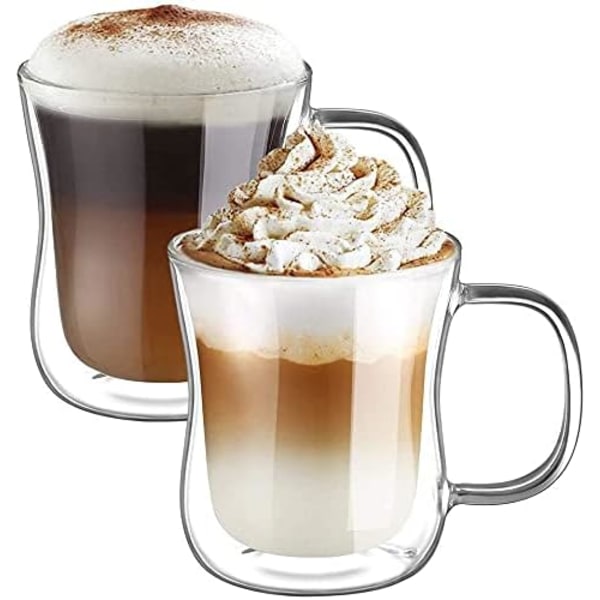 2x350ml Dobbeltvæggede Kaffeglas Kopper Cappuccino Latte Macchiato Glas Kopper med Håndtag Modstandsdygtige Glas Kopper til Kaffe Te