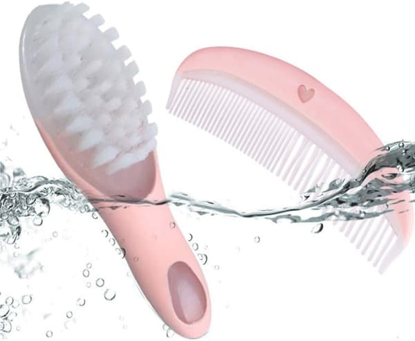 Babysæt med børste og kam, badebørste, blød hårbørste, pink