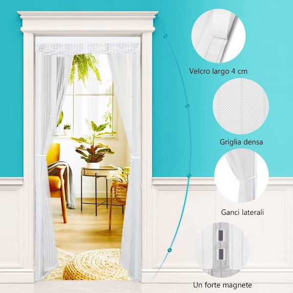 Hvid magnetisk myggenet i polyester/bomuldsnet - Nem installation 90cm*210cm