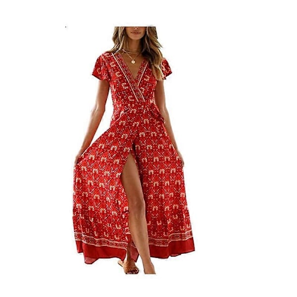 Naisten Boho Kesäinen Sivuhalkio Syvä V-kaula-aukkoinen Lyhythihainen Maximekko Vyöllä L
