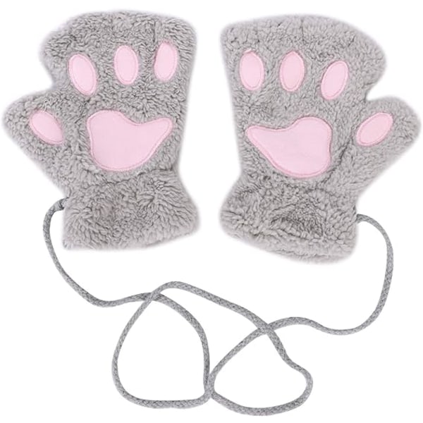 Women Girls Warm Half Finger Plush Gloves Mittens Cute Bear Cat Dog Paw Gloves Fingerless Mittens Hanging Neck Gloves Mittens