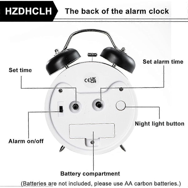 Hög Larmklocka för Tunga Sovare Vuxna, Tyst Icke Tickande Dubbel Klocka Larmklocka för Sovrum, Batteridriven Analog Larmklocka med Bakgrundsbelysning (4