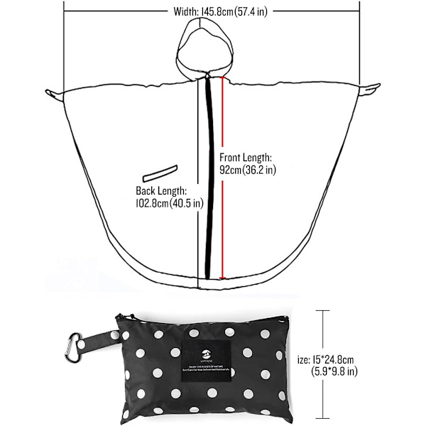 Regnfrakke til voksne, vandtæt udendørs hætte, poncho vandtæt til kvinder med lynlås, festivalponchoer vandtæt lang, vandtætte kapper plusstørrelse White Dots on Black