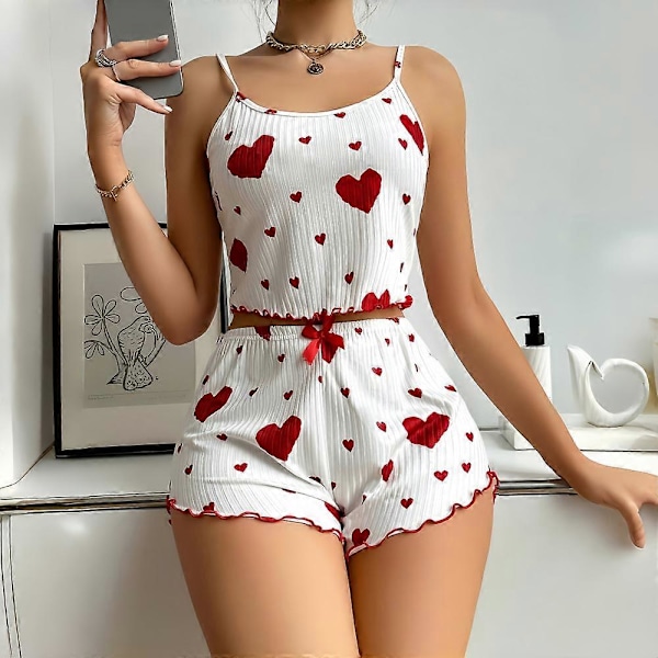 Dam Hemmakläder Kärlekstryckta Linne Shorts Tunn Ribbstickad Utekläder Europeiska och Amerikanska Dam Pyjamas Black And White L