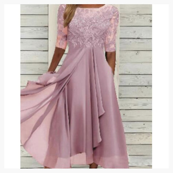 Kjole med blondeapplikasjoner Midi Kort Erme Aftenkjoler Casual Allsidig Kjole for Bryllup Pink XXXL