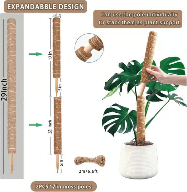 Moss-stång, 2-pack 43 cm Monstera växtstöd för klätterväxter tillbehör inomhus, stapelbara moss-stänger växtstödspinnar, kokosfiber växtstöd
