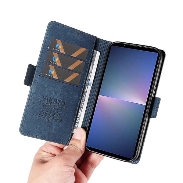 Læder telefoncover med foldbart stativ og pung til Sony Xperia 5 V Blue