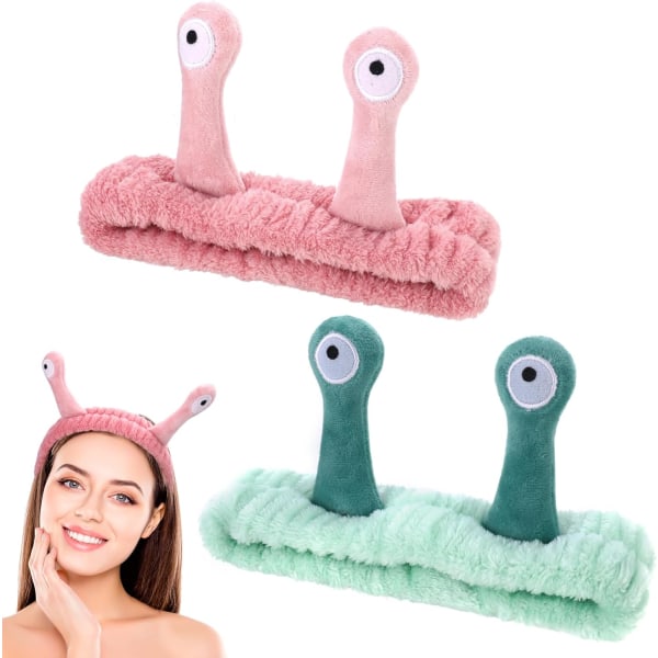 2 ST Snail Face Wash Pannband för kvinnor Flickor, Spa Hårband Makeup Pannband mjuk Coral Fleece Hudvård Pannband Söt Elastisk Pink+Green