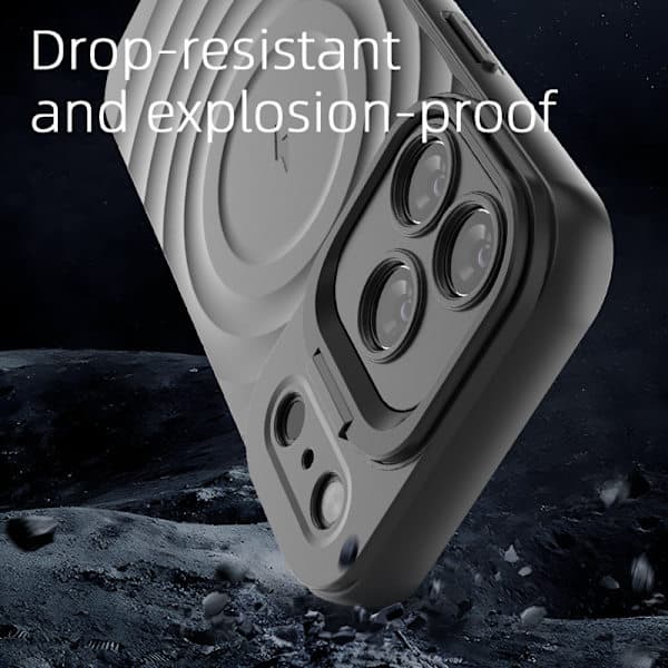 iPhone 17 Pro-fodral med stativ, korrugerad textur, fallsäkert, svart