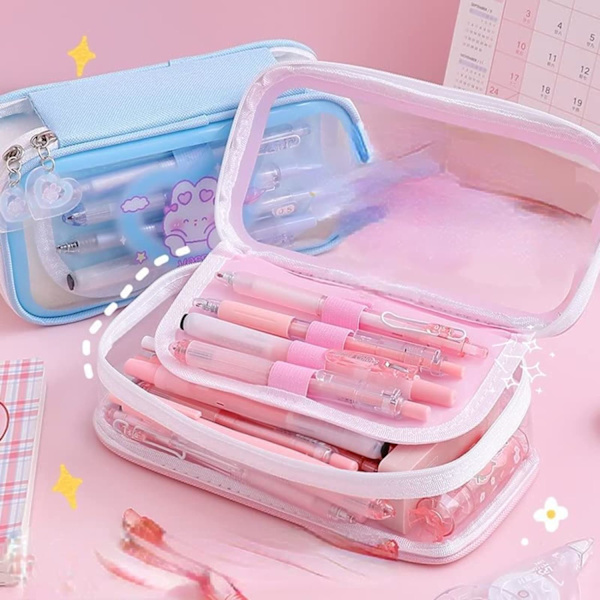 Kawaii kæde lynlås kanin print multi lag stort kapacitet gennemsigtig blyantkasse skoleartikler