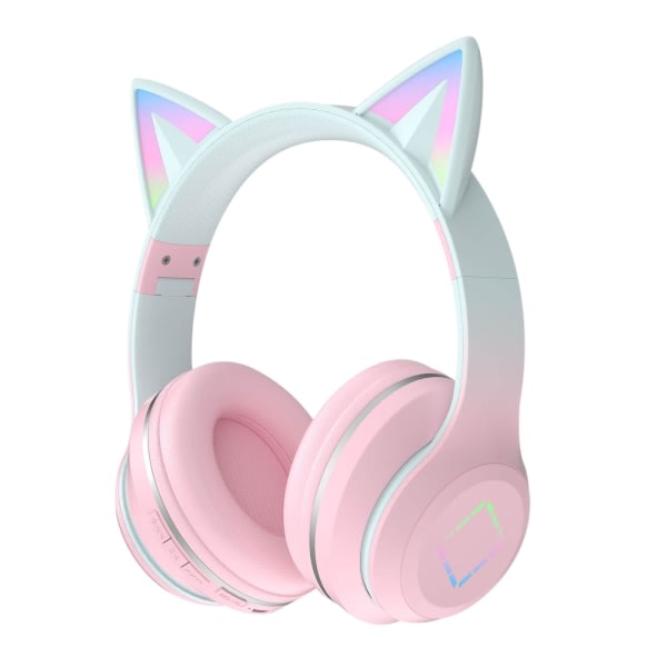 Over-Ear-hodetelefoner for barn trådløse Bluetooth søte katteører RGB sammenleggbar lyd med mikrofon for jenter volumkontroll headset for kvinner rosa