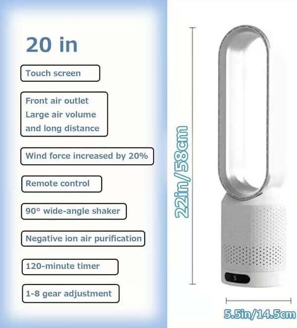 Bladeless gulv- og tårnventilator med 90° rotation, 120 min timer, 1-8 tilstande, berøringspanel og nem rengøring Blue
