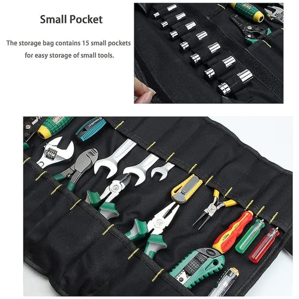 Pyörivä työkalulaukku, 22 taskua, monikäyttöinen organizer, rullaava järjestely, kannettava työkalupussi, ruuvimeisseli, säädettävä jakoavain - musta