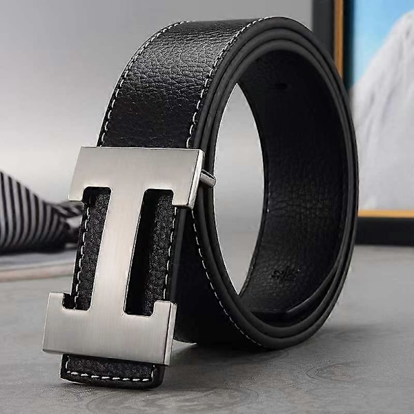 Ny stil affär ledig äkta PU-läder H slätt spänne litchi-korn bälte för män Black silver buckle