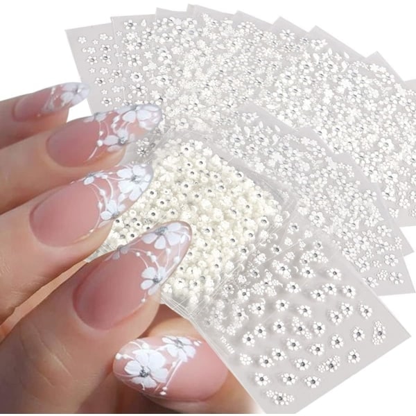 Neglekunst med hvite blomster 3D selvklebende neglestickers Hvite negledesign negldekaler negledesigner neglkunst 30 ark