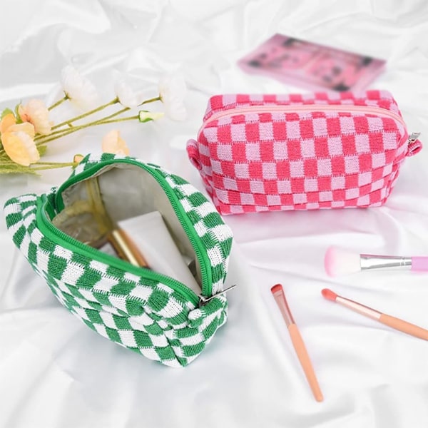 2 st Rutiga Kosmetiska Väska Pennfodral Bärbar Resa Toalettväska Rutnät Pennväskor Makeup Borstar Förvaringspåse Stationery Organizer Påse Green