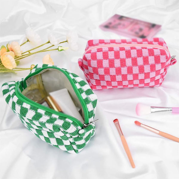 2 stk. ternet kosmetikpung blyantæske bærbar rejse toilettaske gitter pen poser makeup børster opbevaringspose brevpapir arrangør pung Pink