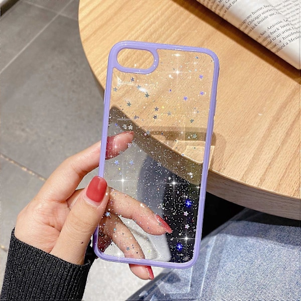 Yhteensopiva iPhone 7/8/SE 2020 -kotelon kanssa tytöille, Pehmeä ohut istuva täyspitkä suojaava söpö kirkas kimaltava tähti - Violetti