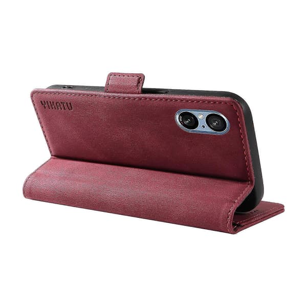 För Sony Xperia 5 V Läder Telefonfodral Vikbart Ställ Plånboksfodral Wine Red