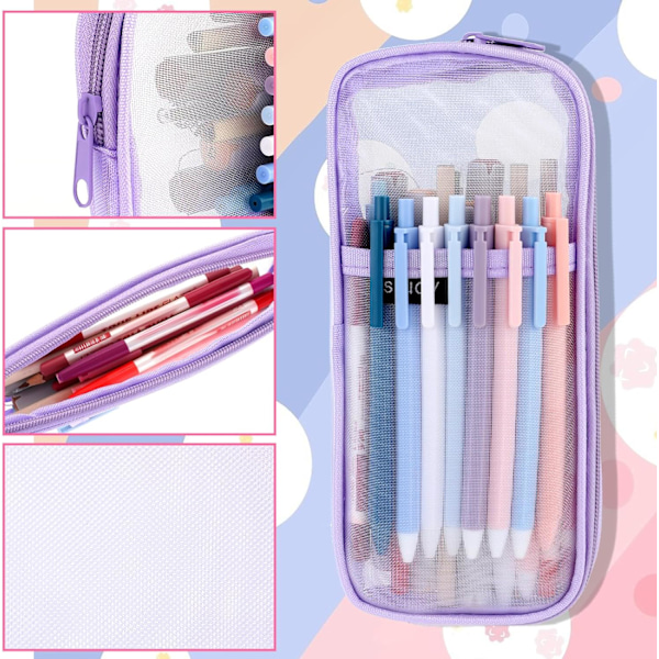 Gitternet Pencil Case Stor Kapacitet Blyantpose Transparent Makeup Pung Kosmetikpung til Studerende Skole College Kontor Purple