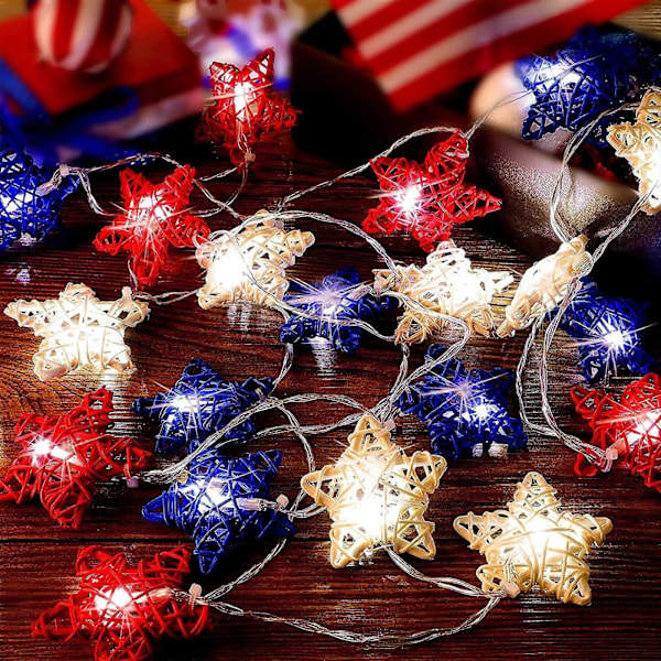 Juldekorationer Självständighetsdag String Lights Dekorationer Rattan Stjärnor Patriotiska Ljus Batteridrivna LED String Lights Utomhusbelysning