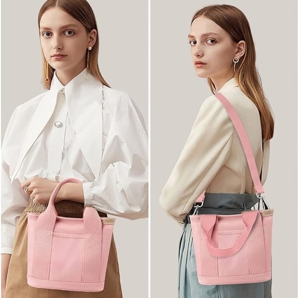 Multi-lommet Tote Bag med lynlås, Canvas Japansk Håndlavet Håndtaske med rum, Multifunktionel Skuldertaske Pink