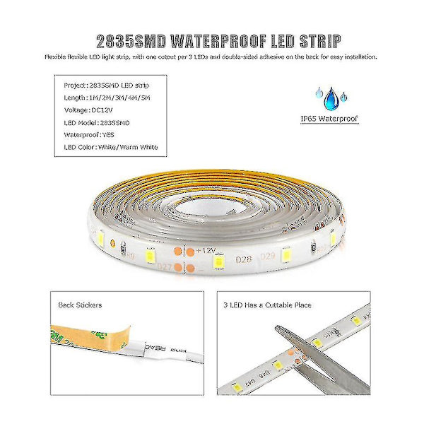 12v LED-remsa med rörelsesensor, vattentät Ip65 (5m, vit)