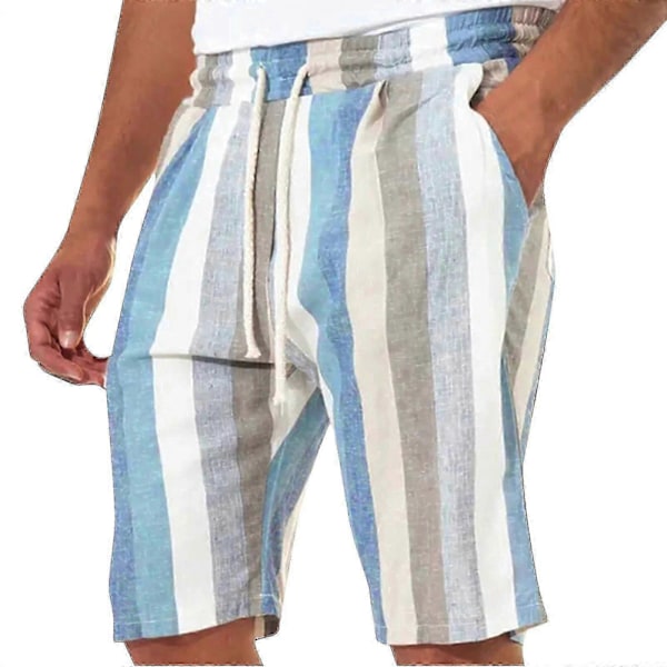 Miesten rennot puuvillaiset pellavashortsit, kesän väripilkku raidalliset kiristysnyörilliset puolipitkät shortsit Light blue XL