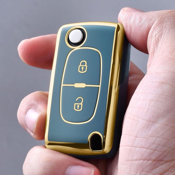 Bilnøkkelboks, nøkkeldeksel for Peugeot 207 307 308 407 408 3008 5008 Citroen C2 C3 C4 C5 C6 C8 2-knappers nøkkelboks tilbehør (Golden Edge Grey)