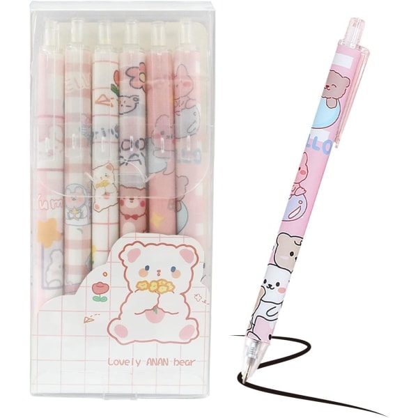 6 Pak Retraktable Gelpenne, Søde Kawaii Kuglepenne 0,5 mm Sort