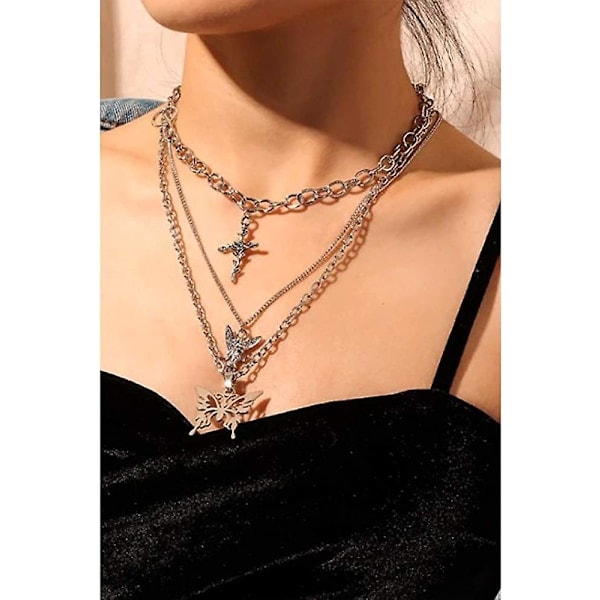 Låsnyckelhänge Kedjor Halsband Set för Eboy Egirl Män Manlig Emo Goth Kvinnor Tonåringar Flickor Pojkar Smycken Pack för Byxor Punk Play Fjäril Kedja + Lås