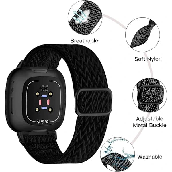 Elastiske nylonremme kompatible med Fitbit Versa 4/Versa 3/Sense 2/Sense - 3-pak