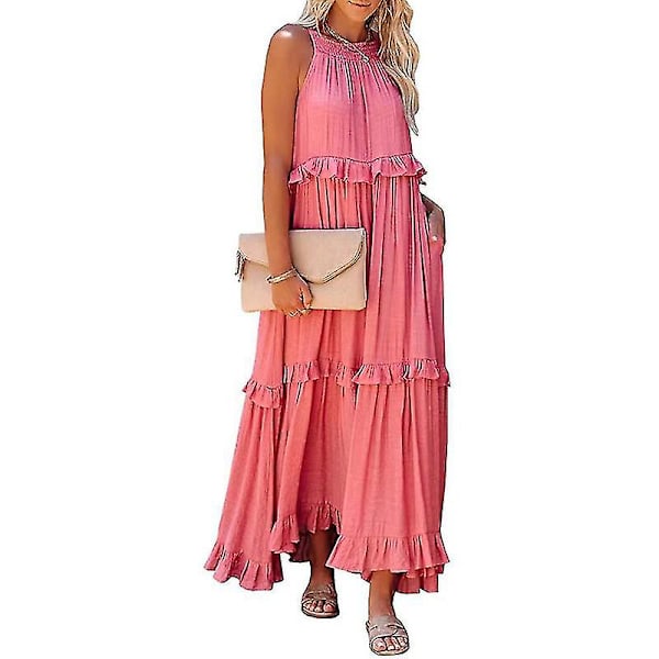 Halterneck Ärmlös A-linje Klänning för Dam, Casual Lång Strandklänning Pink L