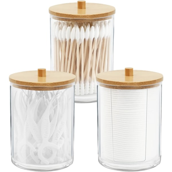 3-pack akryl Qtip-hållare med bambulock Badrumsburkar Burkar Dispenser bomullspinne Kulor Kuddar Hållare för badrumsförvaring Organizer